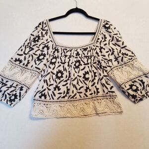 Christian Siriano M Top Floral Linen Blend Cropped Crochet Bohemian Festival